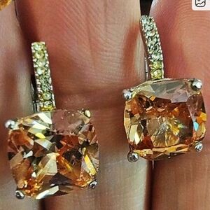 9mm Square Apricot Cognac CZ Drop Earrings Rhodium Plated Pave Accebt #NWOT